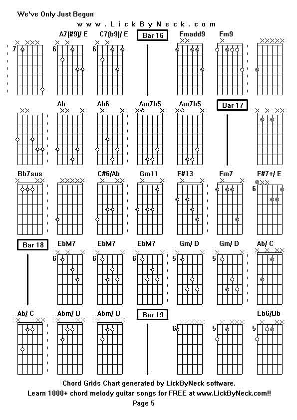 Chord Grids Chart of chord melody fingerstyle guitar song-We've Only Just Begun,generated by LickByNeck software.